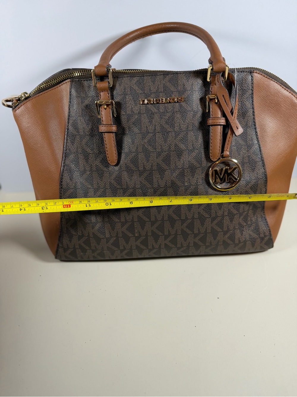 Michael Kors Brown Logo Dome Satchel with Tan Trim and Gold Hardware - Picture 8 of 9